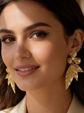 NEW-  Flower Ginkgo Leaf Statement Earrings